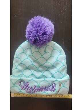 Disney Parks Mermaid Beanie With Purple Pom & Scales Pattern and dinglehopper